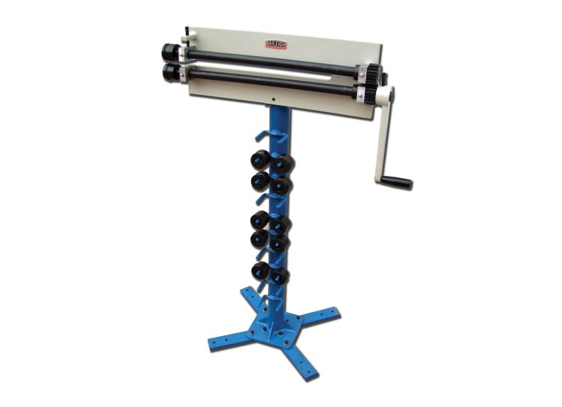 Baileigh Part Number BR-18M-18; Manually Operated Bead Roller, 18 Gauge Maximum Capacity, 18" Throat Depth. Includes Stand