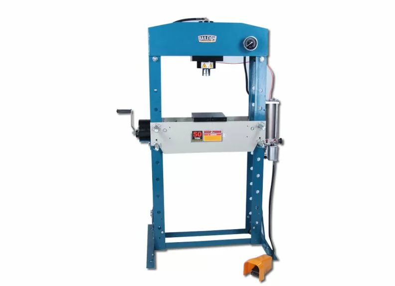 Baileigh Part Number HSP-50A; 50 Ton Air/Hand Operated H-Frame Press, 7-3/4" Stoke, CE Approved