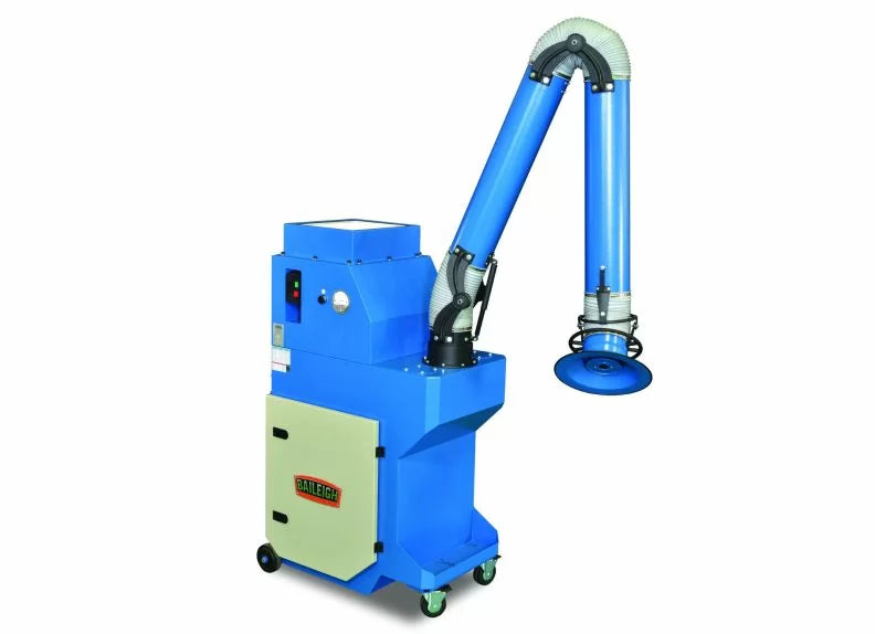 Baileigh Part Number FE-1200; 110V 1.5HP Weld Fume Extractor 1110 CFM w/ 8" x 10' Round Hood Arm, Air Pulse Clean & HEPA Filter