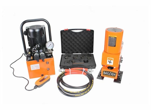 Baileigh Part Number HP-50H; 110V 50 Ton hydraulic punch, includes 5 sets of punches and hydraulic system