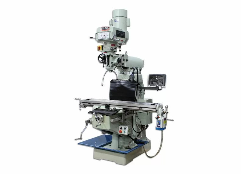 Baileigh Part Number VM-949E-VS; 220V 1Phase 3HP Vertical Mill, 9" x 49" Table, Variable Speed Pulley System, X Power Feed, DRO